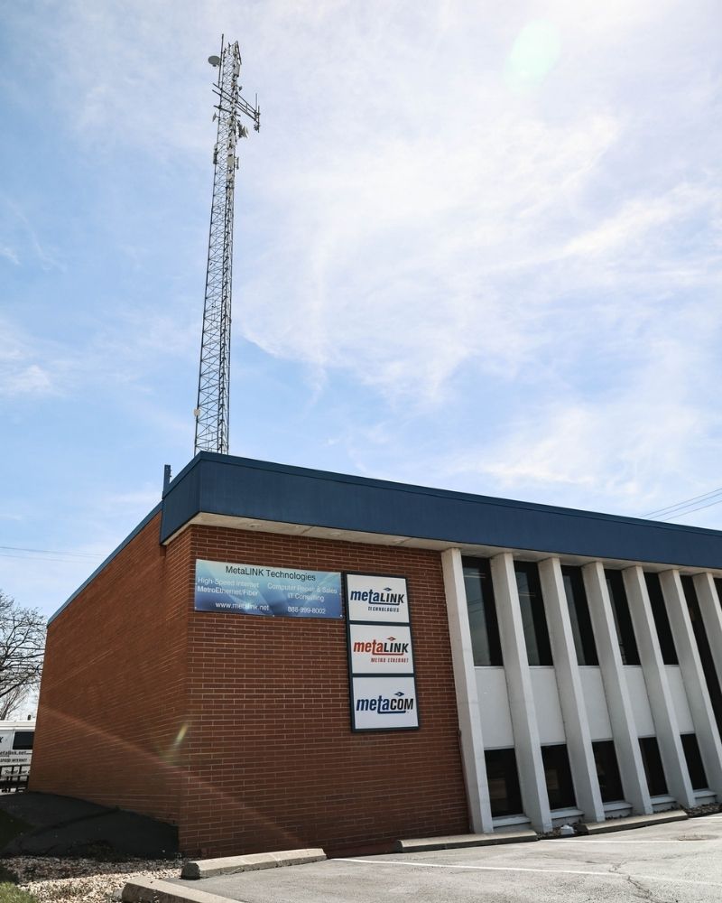 MetaLINK Technologies office building with visible internet service tower in Defiance, Ohio