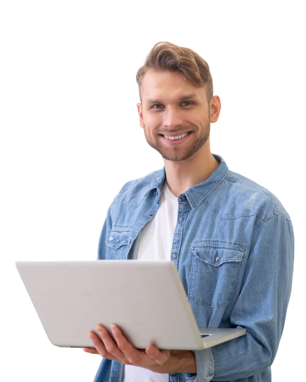 Smiling man holding a laptop used in MetaLINK Technologies homepage header section