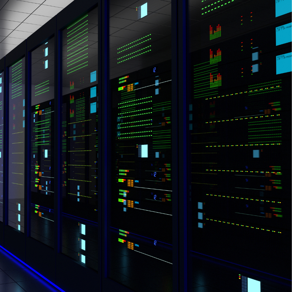 Server racks in a secure data center, representing MetaLINK’s local co-location hosting services for businesses