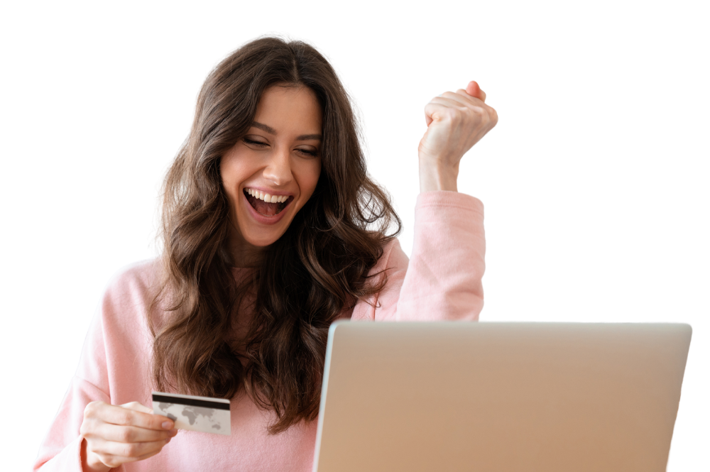 Excited woman holding a credit card and celebrating in front of a laptop, symbolizing easy online access and customer satisfaction with MetaLINK services