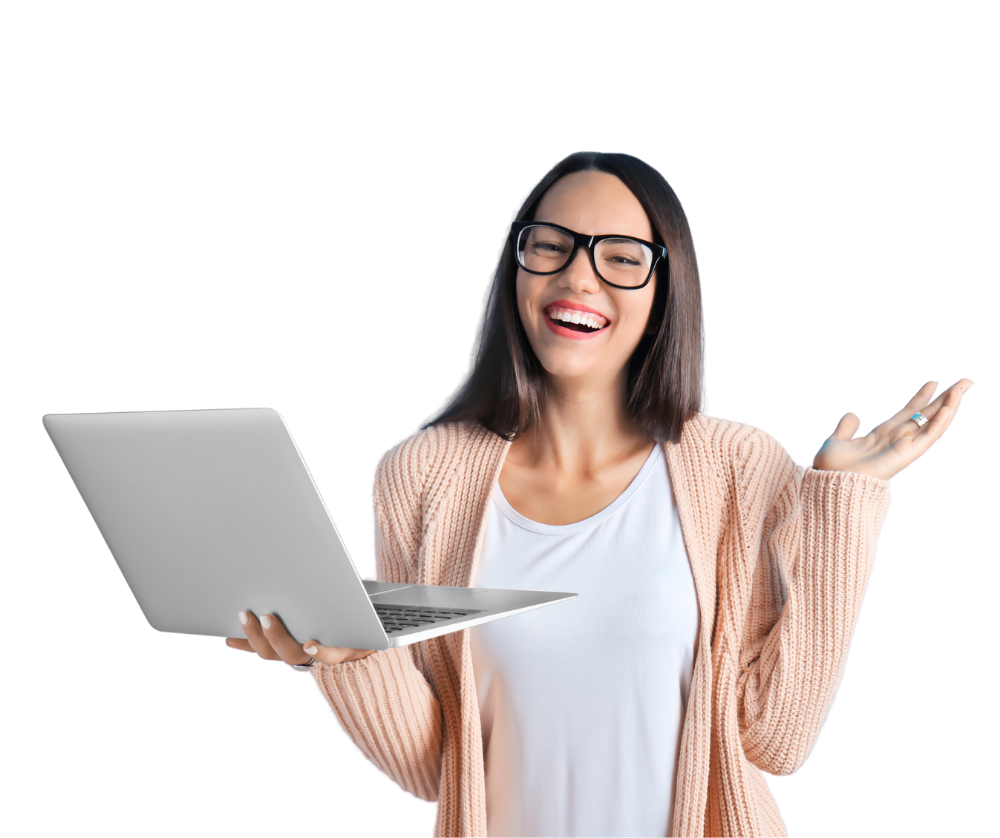 Smiling woman holding a laptop with a confident expression, representing MetaLINK customer support and FAQs