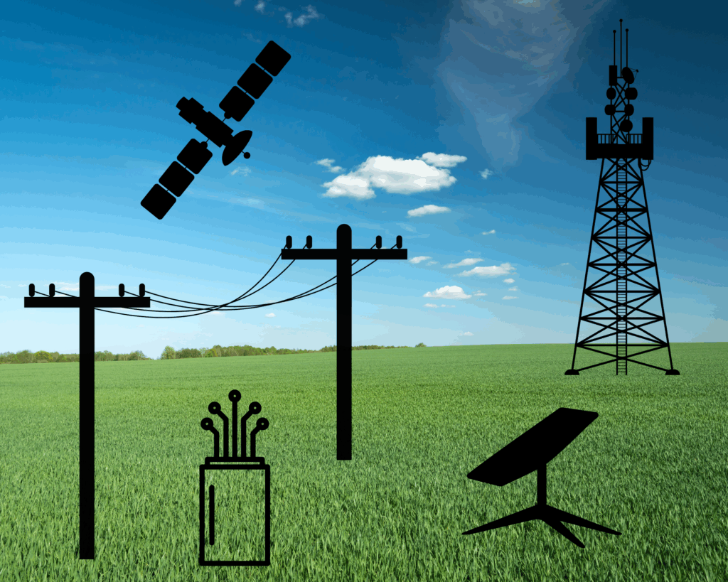 Silhouettes of satellite, fiber, tower, DSL, and fixed wireless internet technologies over a green rural field under a blue sky