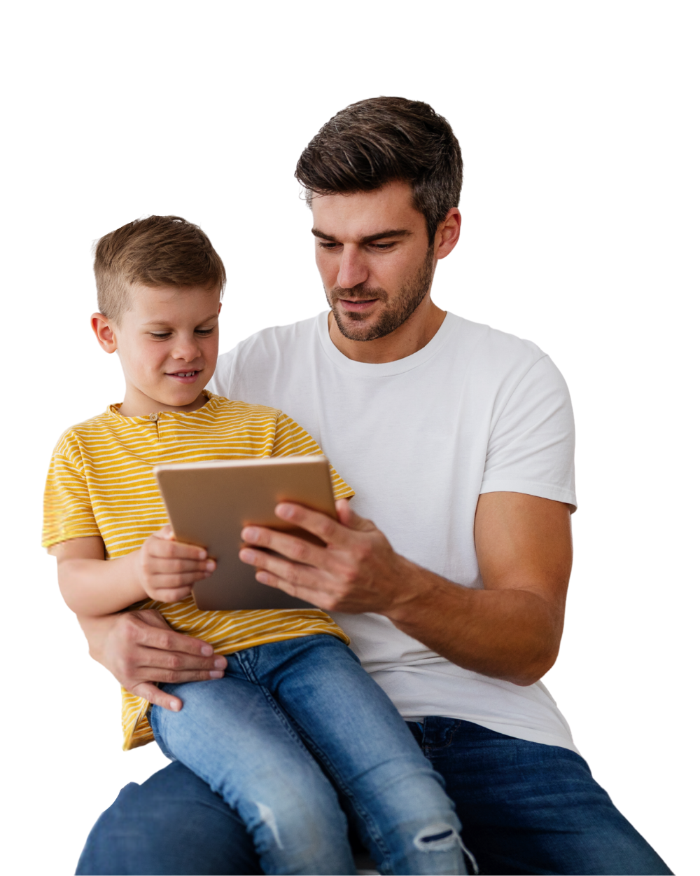 Father and son using a tablet together at home, representing MetaLINK’s fast and reliable residential internet service