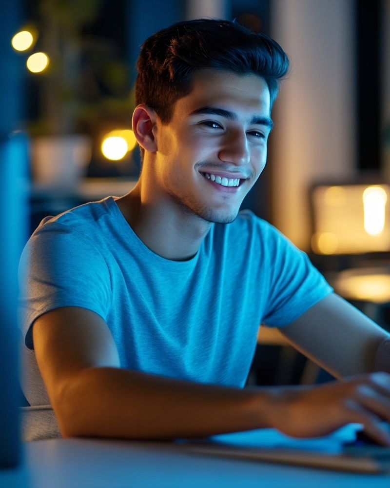 Smiling student using fast internet for gaming and homework in Monroeville, IN