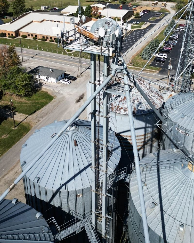 Upgraded MetaLINK Tarana internet tower mounted on grain elevator in Monroeville, IN