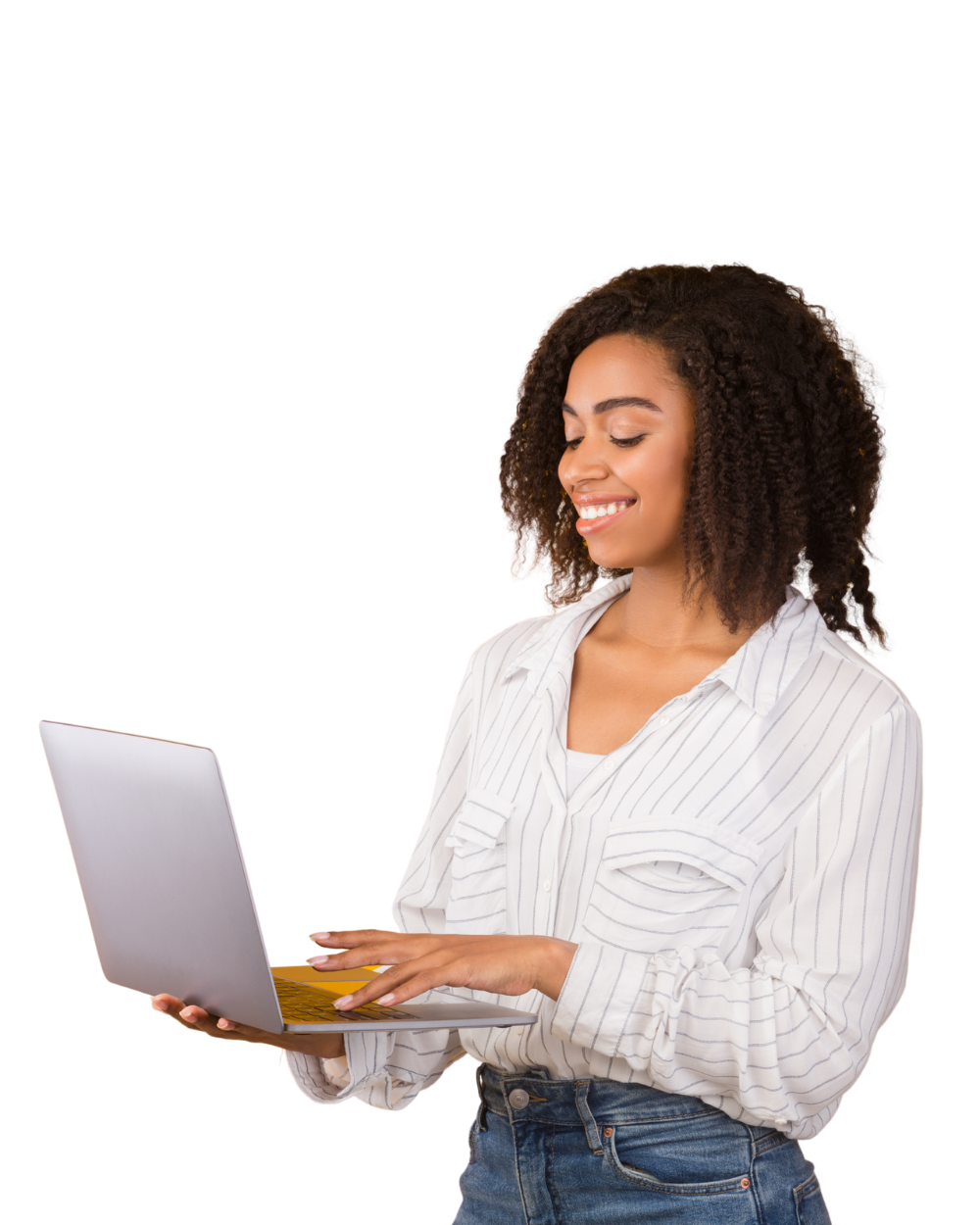 Woman smiling while checking internet availability on her laptop.