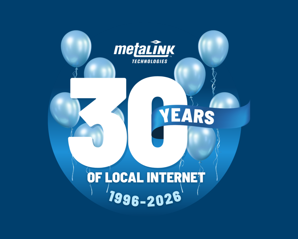 MetaLINK Technologies 30 year anniversary logo with balloons and dates 1996–2026