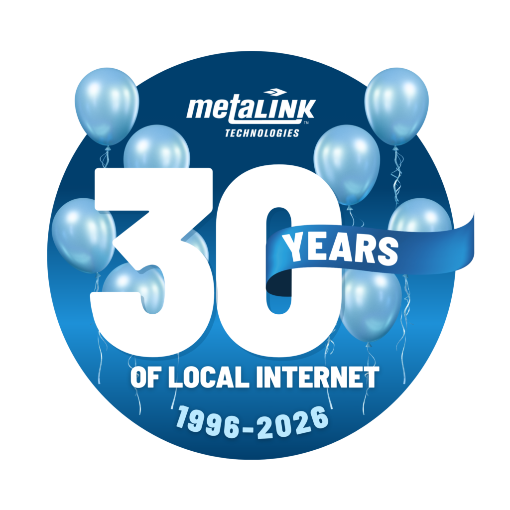 MetaLINK Technologies 30 Years of Local Internet logo with blue balloons and dates 1996 to 2026