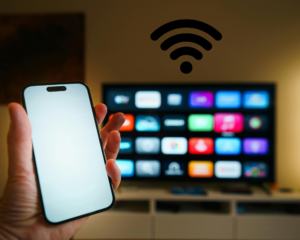 Hand holding smartphone connected to smart TV apps over WiFi in a modern living room.