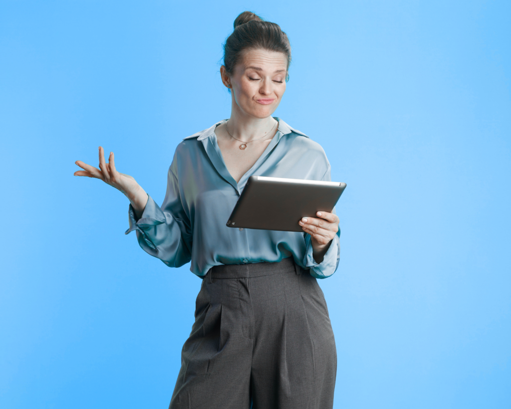 Woman holding a tablet and shrugging while reviewing internet service options on a bright blue background.