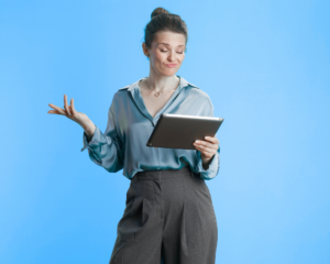 Woman holding a tablet and shrugging while reviewing internet service options on a bright blue background.
