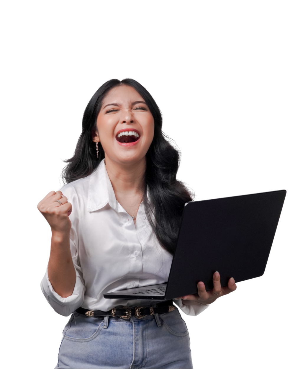 Woman celebrating special residential internet pricing while holding laptop, representing limited time MetaLINK internet offer