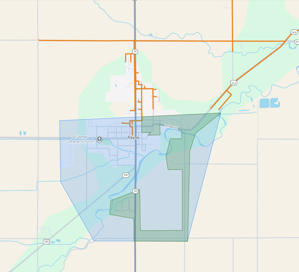 Map showing MetaLINK Technologies fiber internet coverage in Payne, Ohio, including active and upcoming service areas