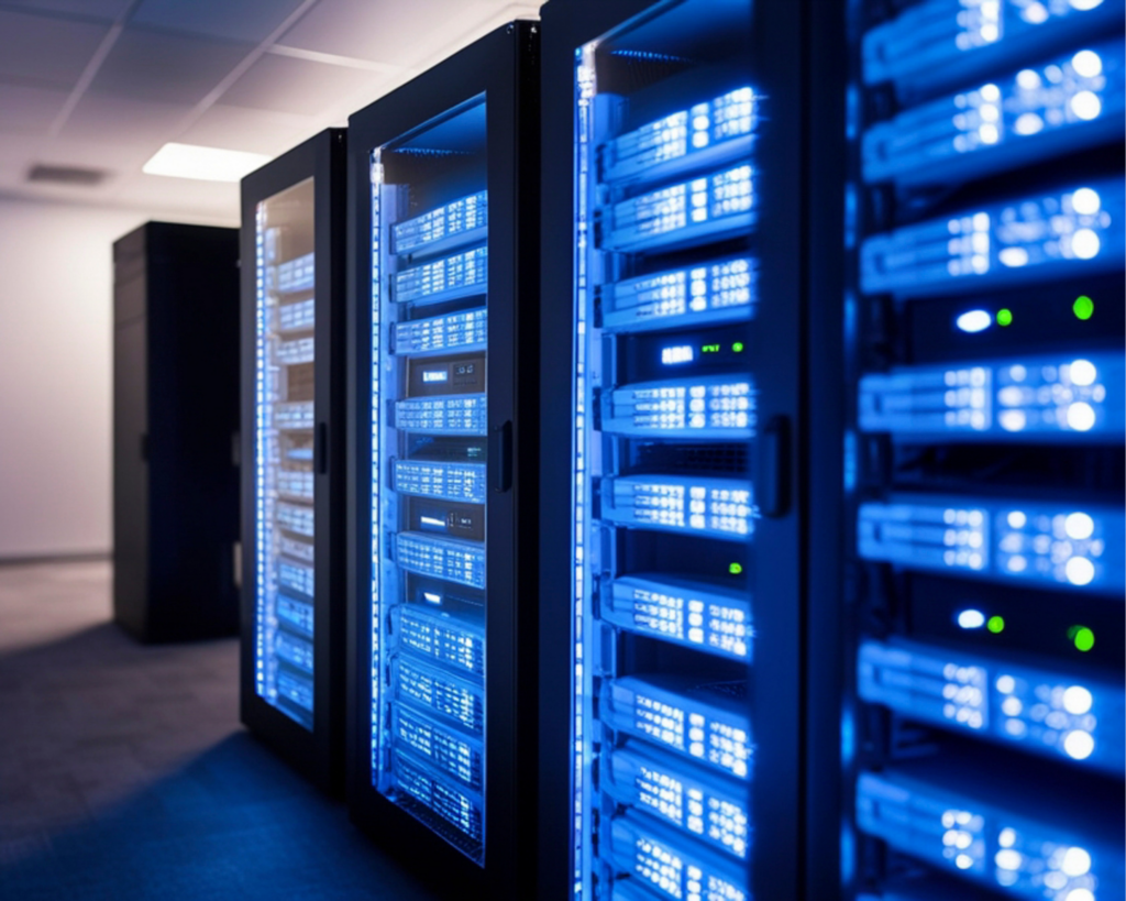 Secure data center server racks representing MetaLINK Technologies co-location and web hosting services in Defiance, Ohio