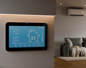Smart home thermostat control panel connected to MetaLINK internet managing temperature and home automation