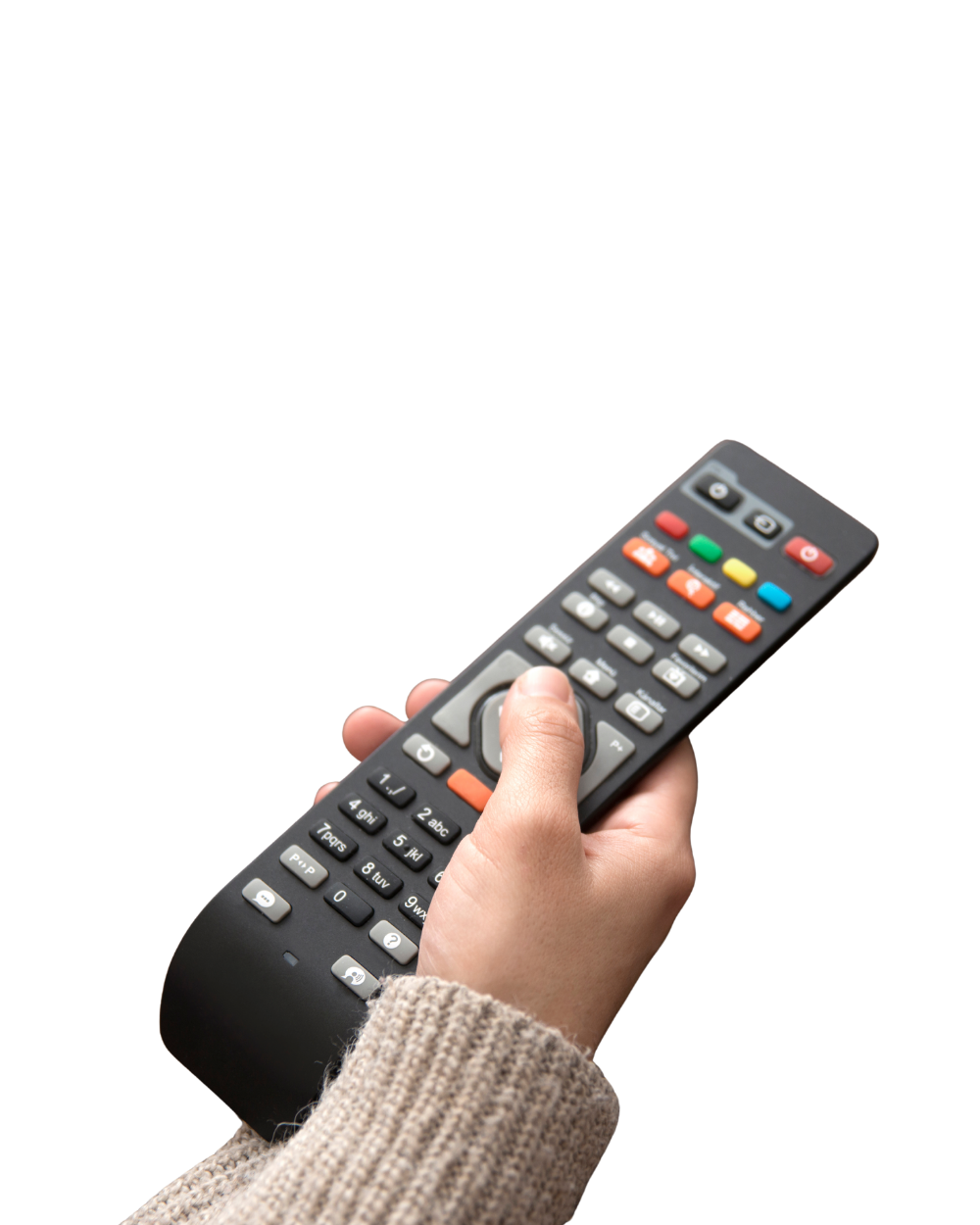 Hand holding a TV remote control to navigate channels, representing easy-to-use MetaLINK TV service for home entertainment