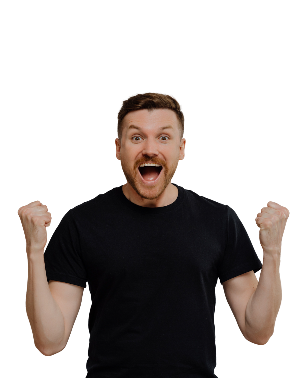 Excited man celebrating with raised fists, representing a MetaLINK monthly giveaway winner and prize promotion