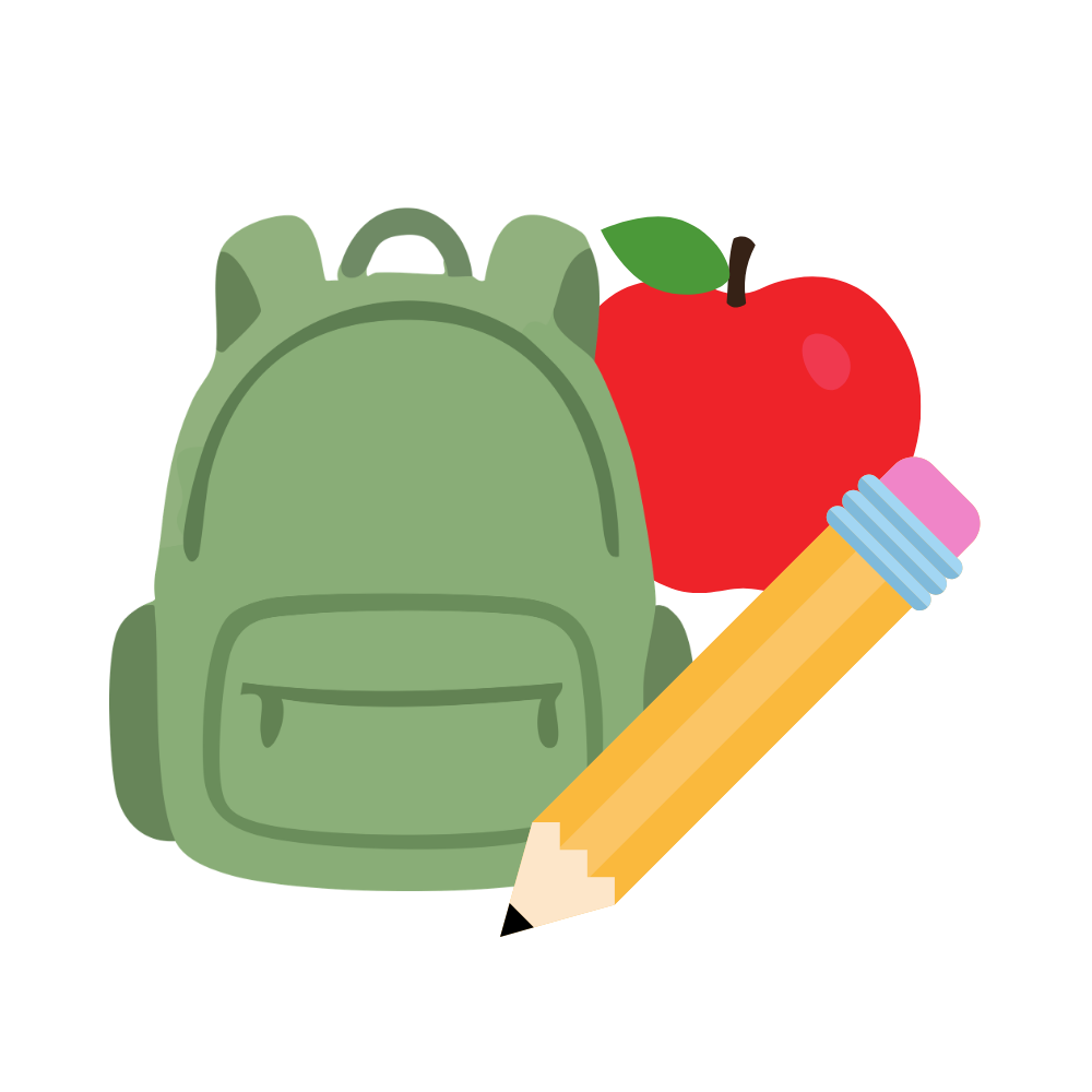 Back to school icon featuring green backpack, red apple, and yellow pencil representing MetaLINK's back-to-school internet promotion
