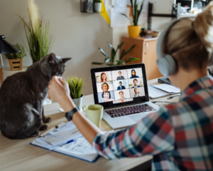 A person in a plaid shirt and headphones works from home at a desk with a laptop showing a grid video conference call. A gray cat sits on the desk nearby, and the workspace includes plants, a coffee mug, and notebooks.