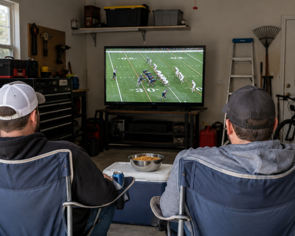 Two men sit in lawn chairs facing a large flat-screen TV playing an NFL football game in a garage, with a bowl of snacks and cold drinks on a cooler between them